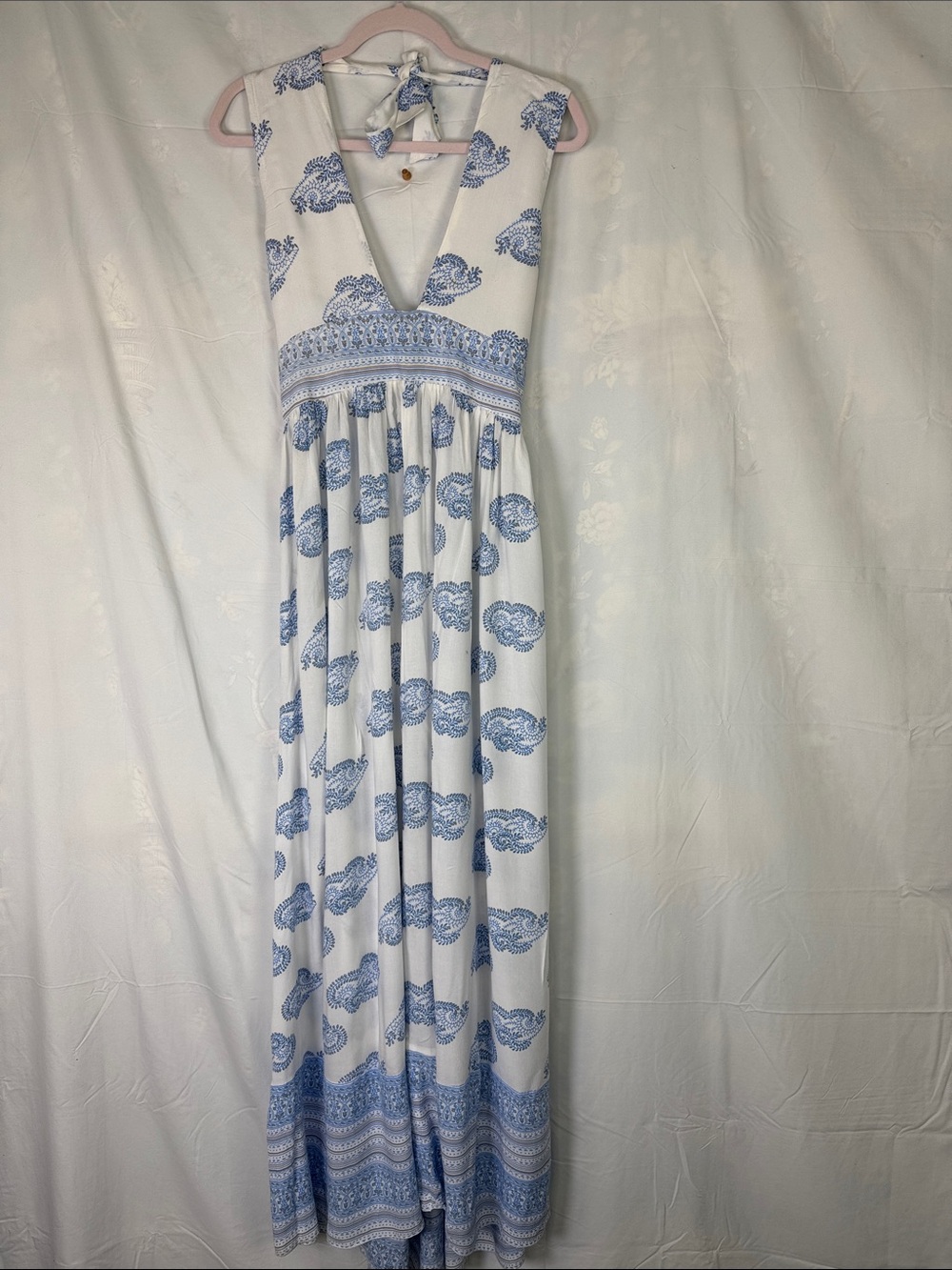Faithfull the Brand White Maxi Dress with Blue Paisley Print